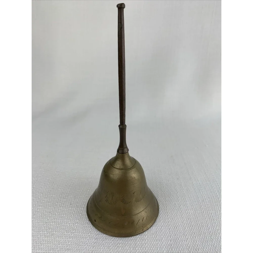 Vintage 6” Etched Brass Bell Made‎ In India Hand Bell Ringer Dinner Table